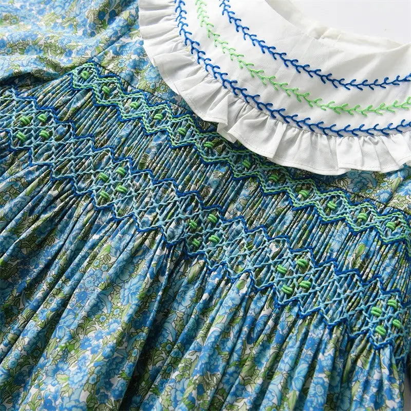 Floral Smocked Blue Dress - Flora Kids