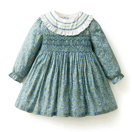 Floral Smocked Blue Dress - Flora Kids