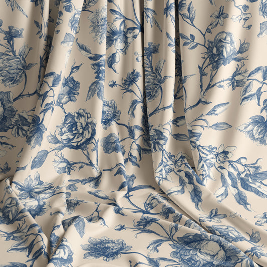 Roses Blue Beige Background -PRE ORDER 2-4 weeks - Flora Fabrics